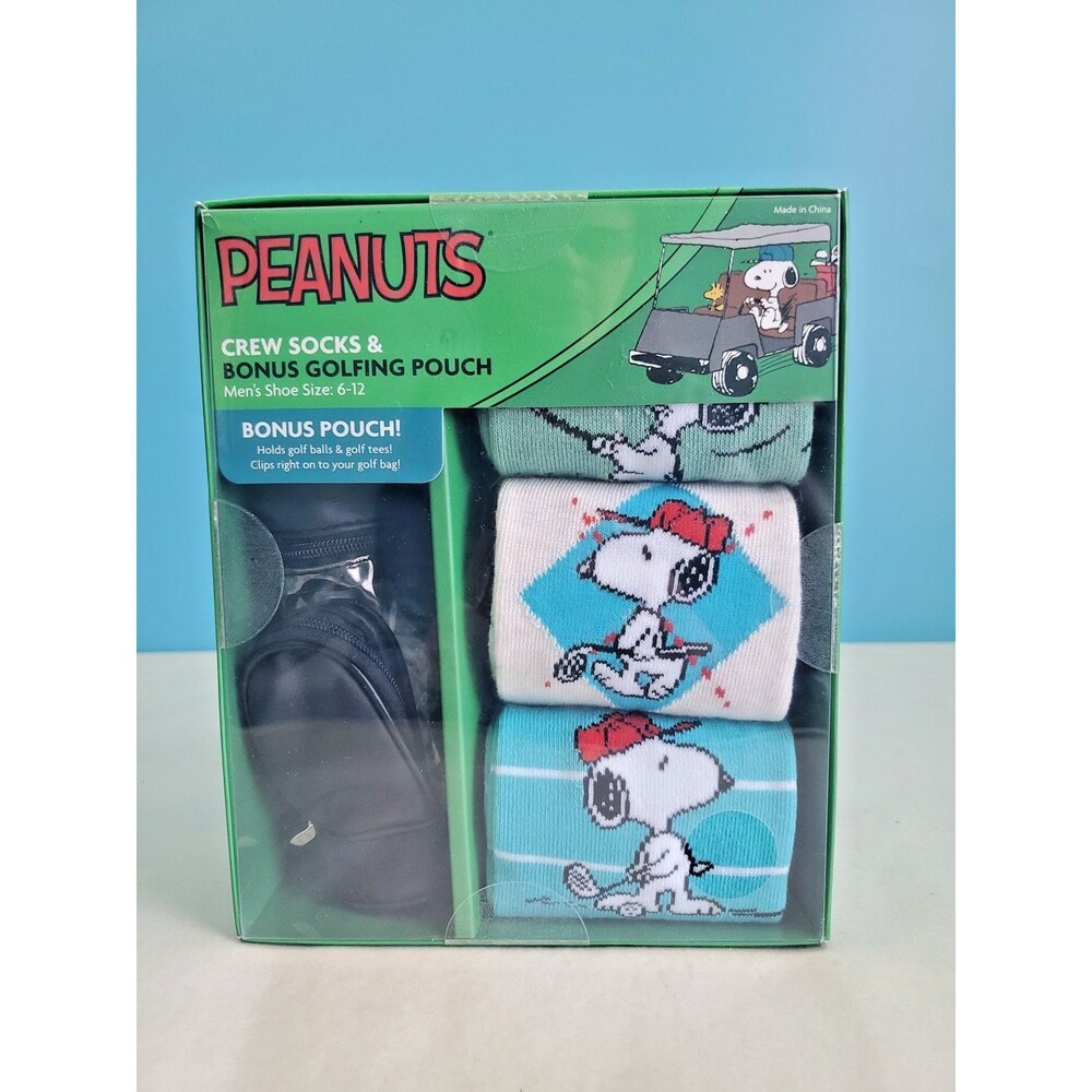 Peanuts Snoopy Golf Crew Socks & Bonus Golfing Pouch 3-Pack Men's Size 6-12 NIB